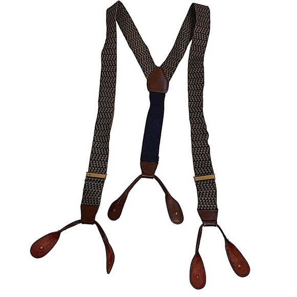 UNBRANDED Tan/Blue Geometric Pattern Textile and Leather Button On Suspenders - Picture 5 of 8